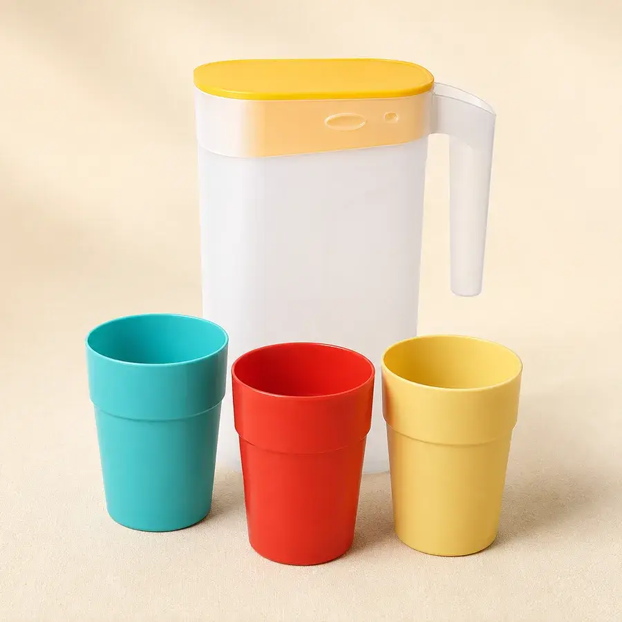 Water jug with turquoise, red and green unbreakable plastic cups