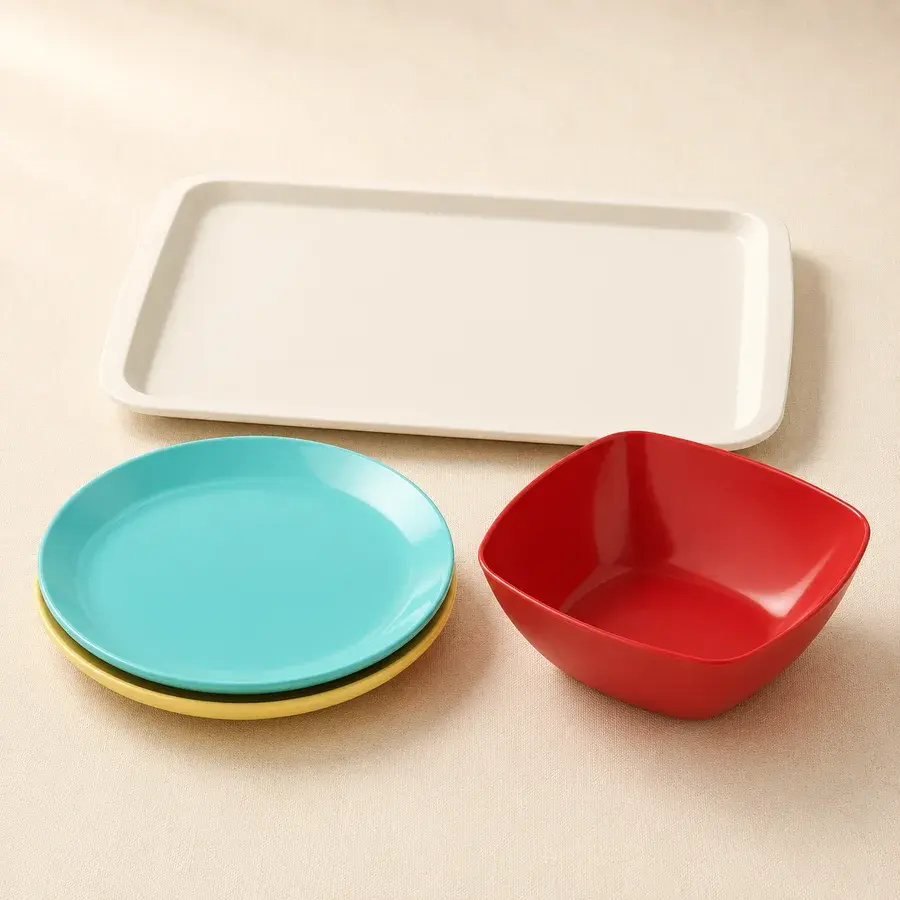 Cream serving tray with stacked dinner plates and a red serving bowl